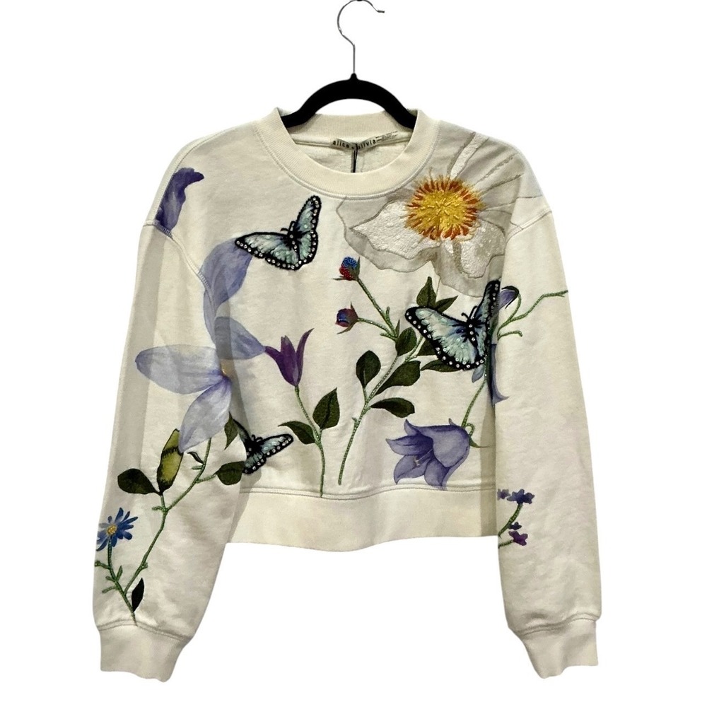Alice + Olivia Russell Embellished Crewneck Sweatshirt Off White Size XS - Picture 2 of 15